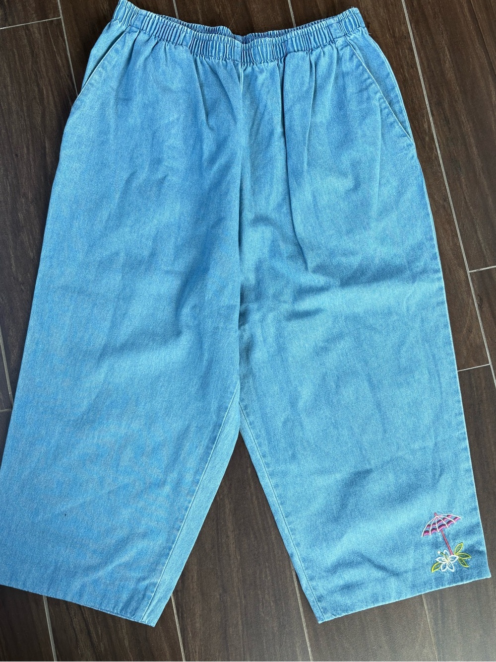 Vintage Alia Sport Chambray Capri Pants Embroidered 100% Cotton Elastic Waist L - Picture 3 of 5
